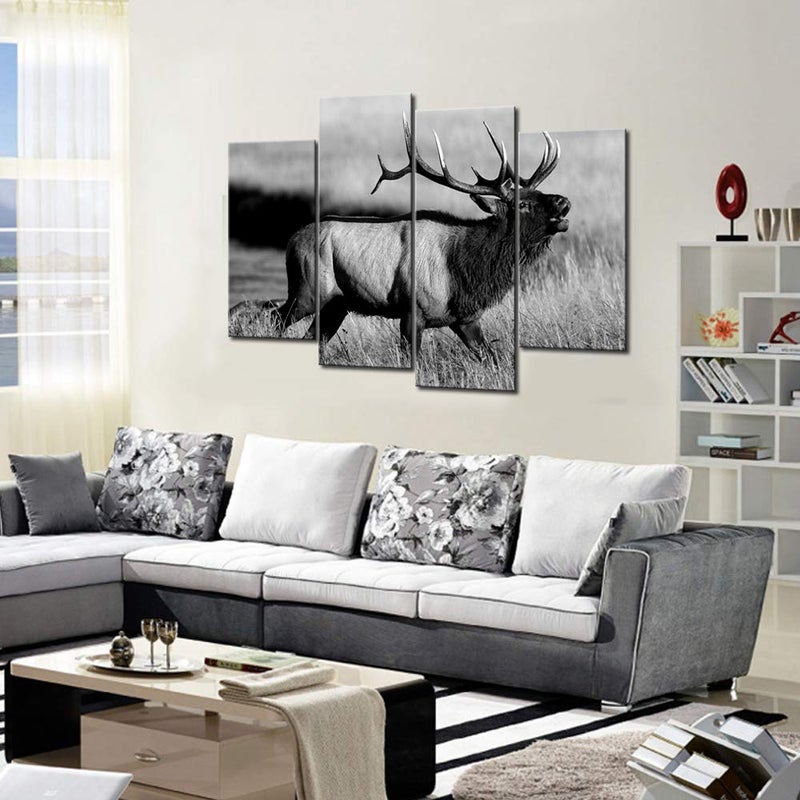 LevvArts - 4 Piece Animal Picture Black and White Bull Elk Canvas Wall Art Painting for Living Room Home Office Decor Modern Wildlife Artwork Framed Gallery Canvas Wrapped Ready to Hang - Image 5